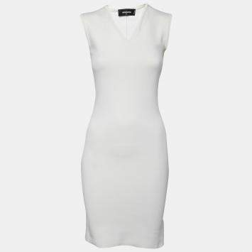 Pre Owned Dsquared2 Off White Stretch Rib Trim Sleeveless Tank Dress M