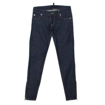 Pre Owned Dsquared2 Indigo Dark Wash Denim Crystal Embellished Badge Detail Tapered Jeans S