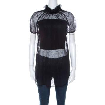 Pre Owned Dsquared2 Black Swiss Dot Tulle Beaded Ruffle Neck Top M