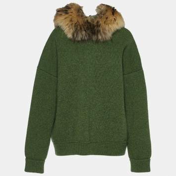 Pre Owned Dsquared2 Green Wool Knit & Fur Trimmed Oversized Hoodie XS