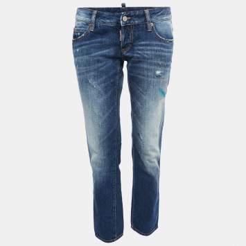 Pre Owned Dsquared2 Blue Denim Paint Splatter Slim Fit Jeans M Waist 32"