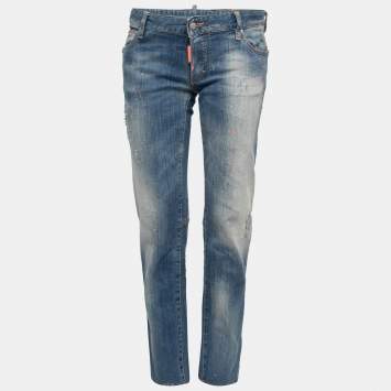 Pre Owned Dsquared2 Blue Paint Splattered Distressed Denim Jeans L Waist 32"