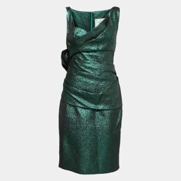 Pre Owned Dsquared2 Metallic Green Lame Fabric Bow Detail Sleeveless Draped Midi Dress M