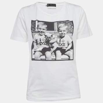 Pre Owned Dsquared2 White Digital Print Cotton Half Sleeve T-Shirt L