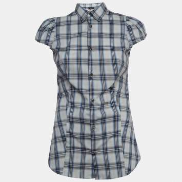 Pre Owned Dsquared2 Blue Checked Cotton Buttoned Short Puff Sleeve Shirt M