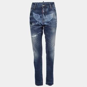 Pre Owned Dsquared2 Navy Blue Printed Distressed Denim Jeans L Waist 36"