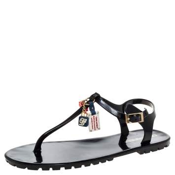 Pre Owned Dsquared2 Black Jelly Key Embellishment T-Strap Flats Size 41