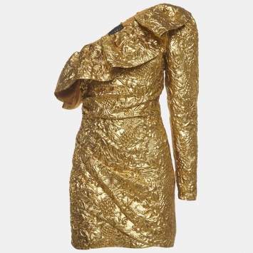 Pre Owned Dundas Metallic Gold Embossed One Shoulder Mini Dress S