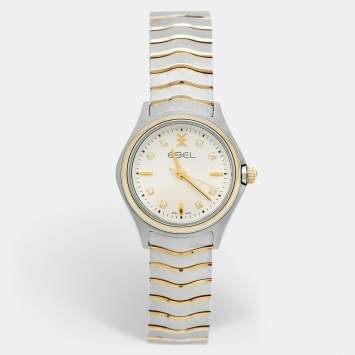 Pre Owned Ebel  Cream 18K Yellow Gold Two-Tone Stainless Steel Diamond Wave 03.1.15.1034 Women's Wristwatch 30 mm