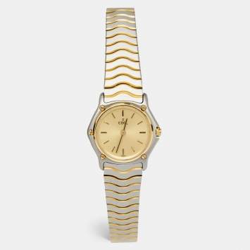 Pre Owned Ebel Champagne 18k Yellow Gold Stainless Steel Classic Wave 166901 Women's Wristwatch 24 mm