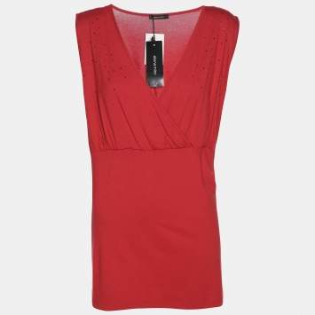 Pre Owned Elena Miro Red Jersey Crystal Embellished V Neck Tops L