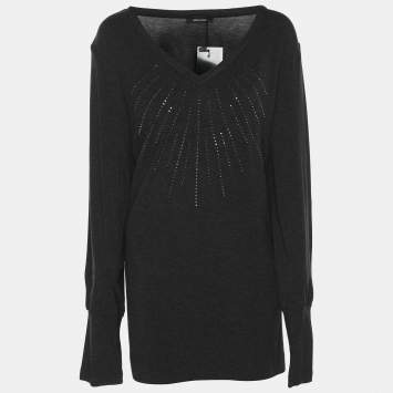 Pre Owned Elena Miro Dark Grey Jersey Embellished V Neck Top XXL