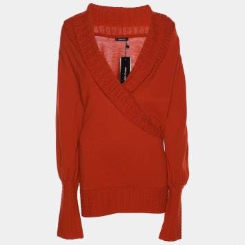 Pre Owned Elena Miro Orange Knit Cross Neck Sweater XL