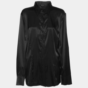 Elena Miro Black Stretch Satin Classic Long Sleeve Shirt L