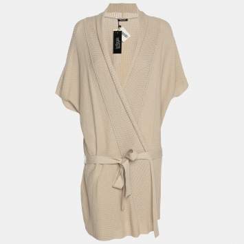 Pre Owned Elena Miro Beige Stretch Knit Belted Long Cardigan L