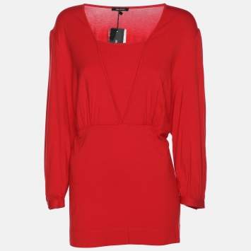 Pre Owned Elena Miro Red Jersey V Nick 3/4 Sleeve Blouse L