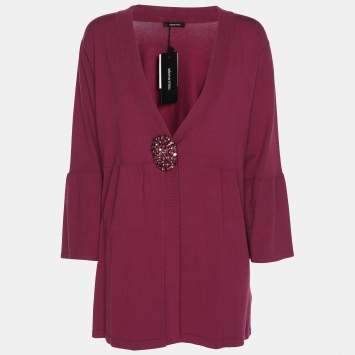 Elena Miro Hot Pink Jersey Crystal Embellished V Neck Blouse L