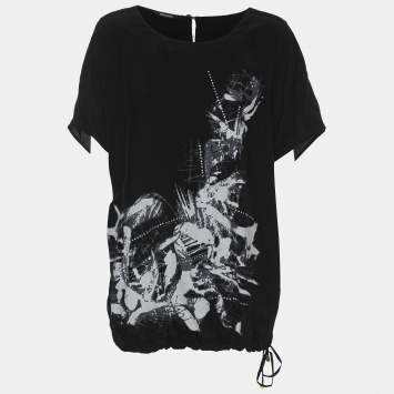 Pre Owned Elena Miro Black Printed and Crystal Embellished Drawstring Tops L