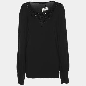 Pre Owned Elena Miro Black Jersey Embellished Long Sleeve Sweater L