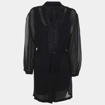 Pre Owned Elena Miro Black Chiffon Embellished Long Sleeve Shirt Set XL