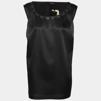 Pre Owned Elena Miro Black Satin Crystal Embellished Sleeveless Camisole L