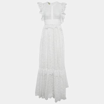 Elie Saab White Broderie Anglaise Cotton Tiered Maxi Dress M