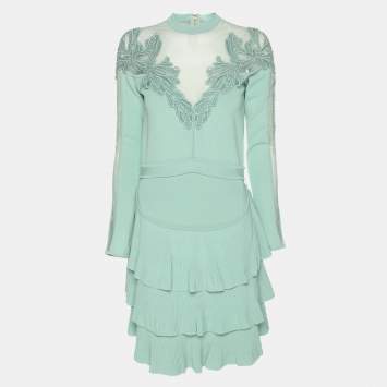 Elie Saab Mint Green Tulle Paneled Stretch Knit Appliquéd Mini Dress S