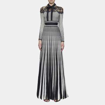 Pre Owned Elie Saab Black & White Knit And Lace Trim Full Sleeve Long Dress M