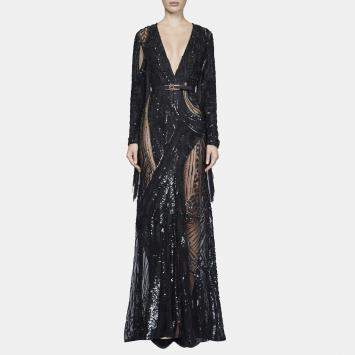 Pre Owned Elie Saab Dark Waves Embellished Fringe Details Long Sleeve Gown M