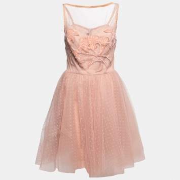 Pre Owned Elie Saab Light Dotted Tulle Embellished Mini Flared Dress L