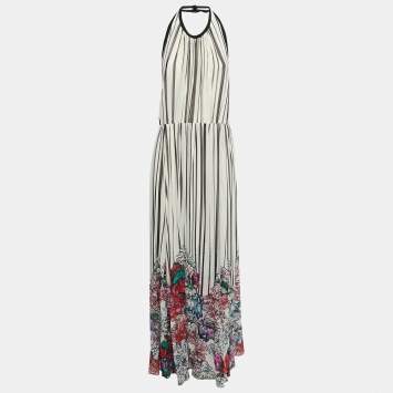 Pre Owned Elie Saab White Striped Floral Printed Chiffon Silk Open Back Maxi Dress XL