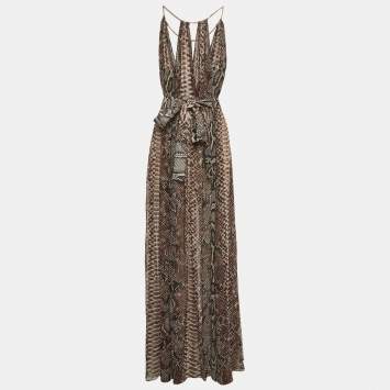 Pre Owned Elie Saab Brown Python Print Chiffon Halter Neck Gown S