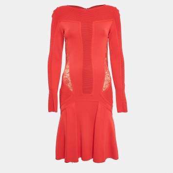 Elie Saab Red Lace Trim Knit Flared Midi Dress S