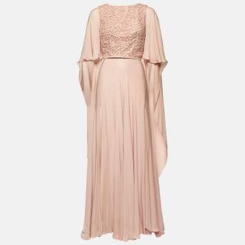 Pre Owned Elie Saab Pink Silk Embellished Cape Sleeve Gown XS 