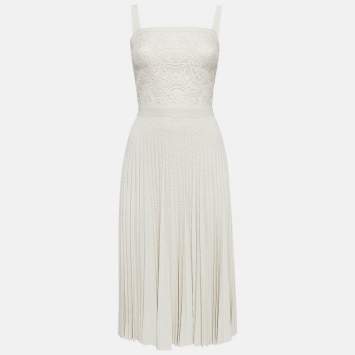 Pre Owned Elie Saab Off-White Jersey Lace Patch and Pleated Mini Dress XS