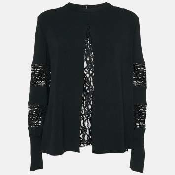 Pre Owned Elie Saab Black Knit & Lace Paneled Long Sleeve Top M