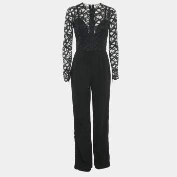 Pre Owned Elie Saab Black Crepe and Lace Full Sleeve Jumpsuit M