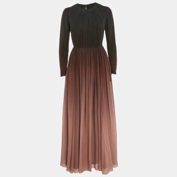 Pre Owned Elie Saab Brown Ombre Silk Pleated Maxi Dress S