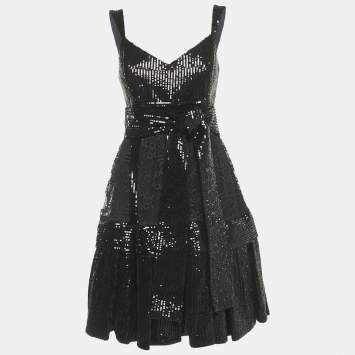 Pre Owned Elie Saab Black Sequin Embroidered Silk Blend Tiered Midi Dress M