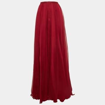 Elie Saab Burgundy Silk Chiffon Flared Slit Detail Maxi Skirt L