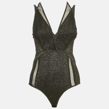 Elie Saab Black Lurex Jersey and Tulle Trim Bodysuit S