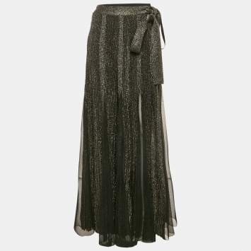 Pre Owned Elie Saab Black Lurex Jersey and Tulle Plisse Maxi Skirt M