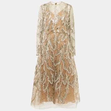 Pre Owned Elie Saab Green Heavy Embroidered Tulle Gown L