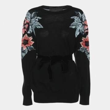 Elie Saab Black Wool Knot Floral Embellished Sweater XS