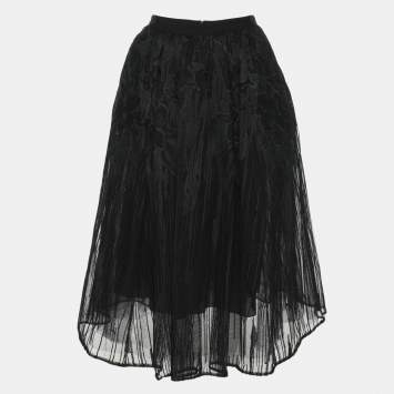 Elie Saab Black Floral Tulle Midi Skirt XS