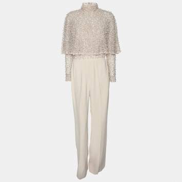 Pre Owned Elie Saab Light Beige Crepe and Lace Pearl Embellished Jumpsuit S