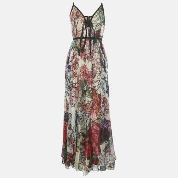 Pre Owned Elie Saab Multicolor Floral Print Organza Silk Runway Gown M