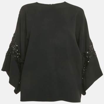 Pre Owned Elie Saab Black Sequin Embroidered Detail Crepe Tunic Blouse S