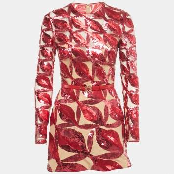 Pre Owned Elie Saab Red Sequin Embellished Tulle Diana Mini Dress XS