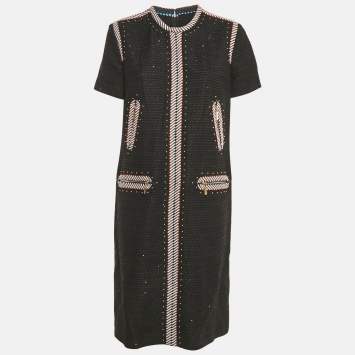 Pre Owned Elie Saab Black Sequin Tweed Embroidered Detail Midi Dress M